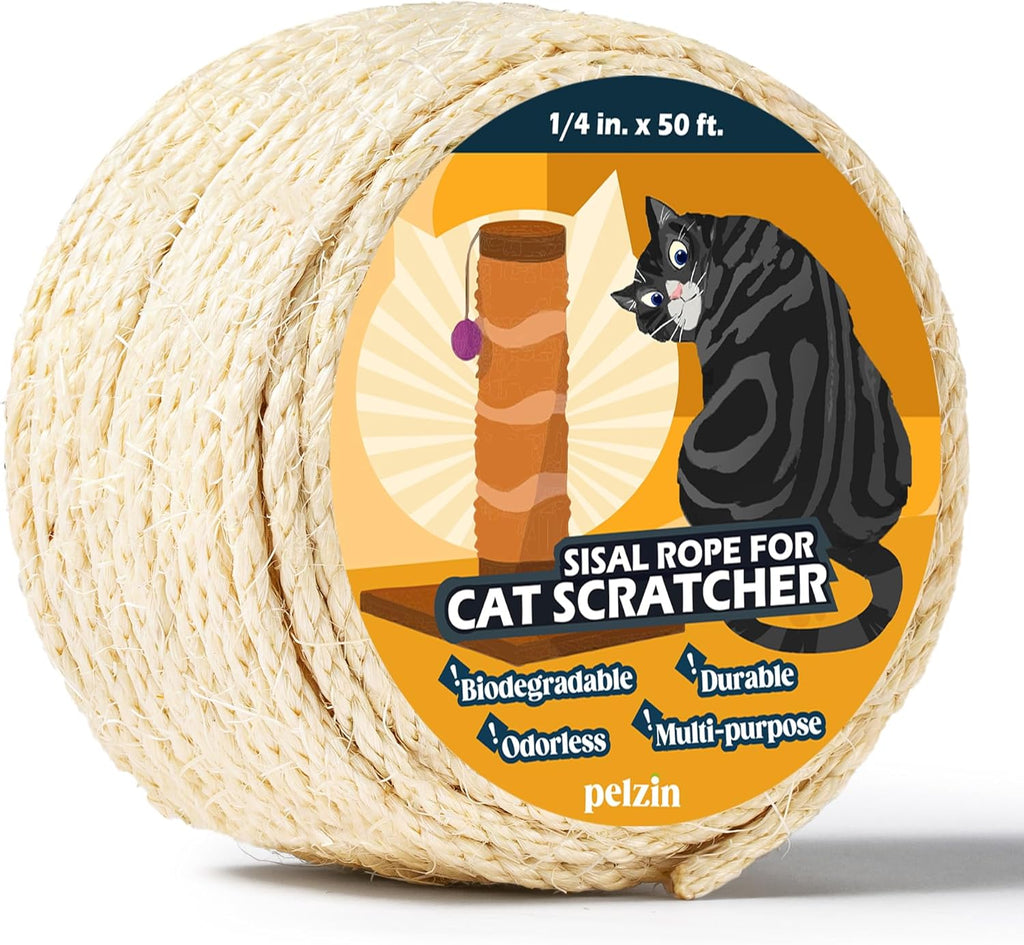 Natural Sisal Rope for Cat Scratcher - 1/4 Inch by 50 Feet, Cat Tree Rope Twine for Scratching Post Replacement