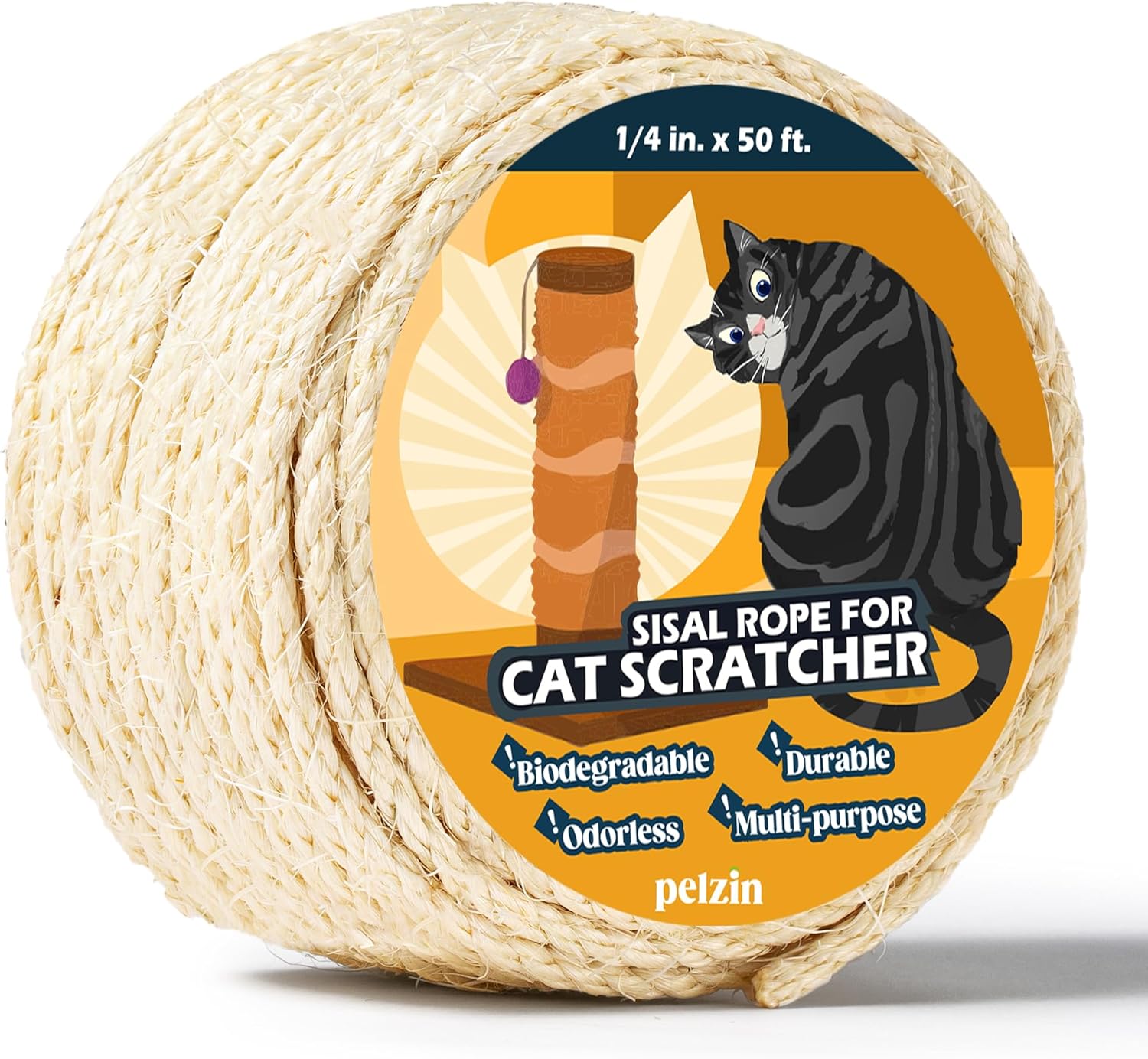 Natural Sisal Rope for Cat Scratcher - 1/4 Inch by 50 Feet, Cat Tree Rope Twine for Scratching Post Replacement