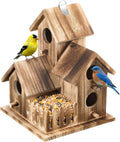 Bird House for Outside, Outdoor 3 Hole Bird House Room Bluebird Finch Wooden Hanging Birdhouse Handmade Wooden