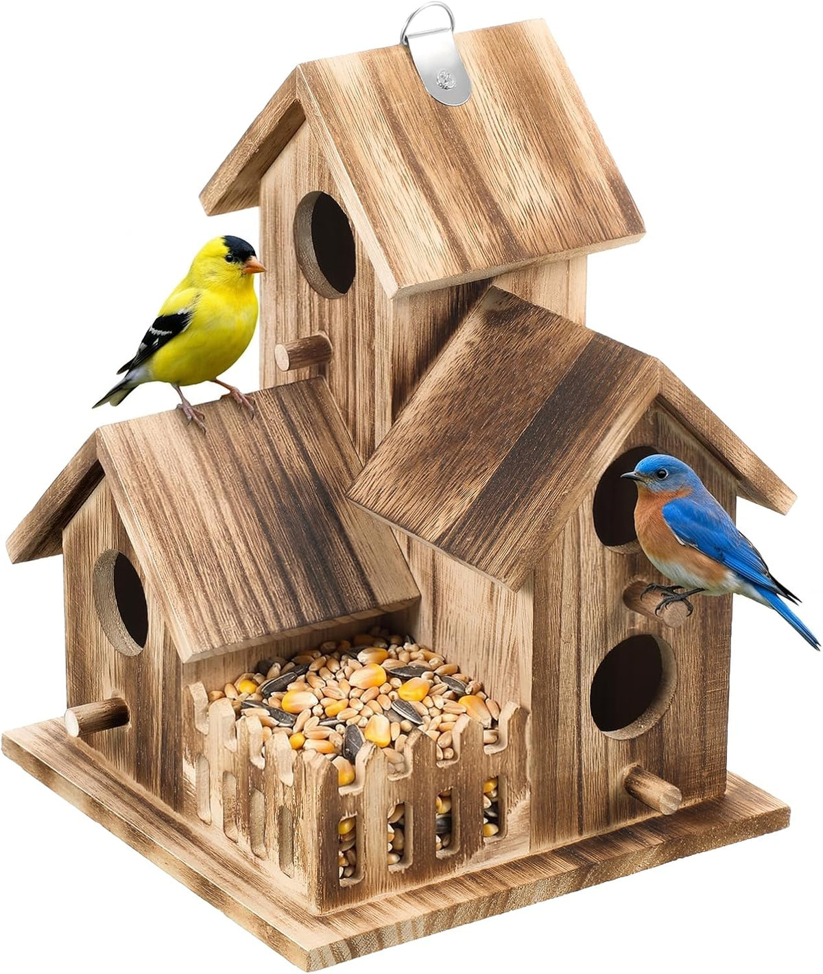 Bird House for Outside, Outdoor 3 Hole Bird House Room Bluebird Finch Wooden Hanging Birdhouse Handmade Wooden