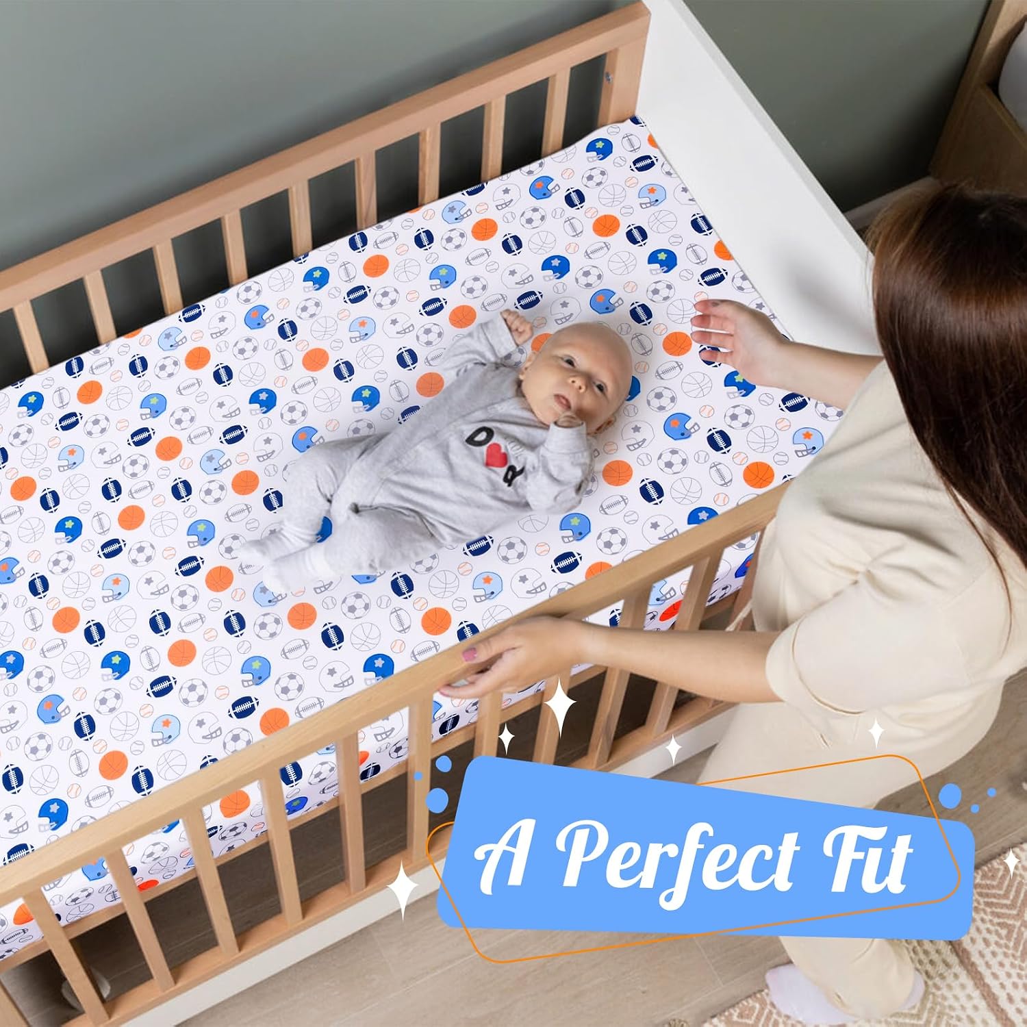 Crib Sheet - 1 Pack Sports Theme Nursery Bedding Sheet - Footballs Printed Standard Size Infant Bed Sheet Basketball