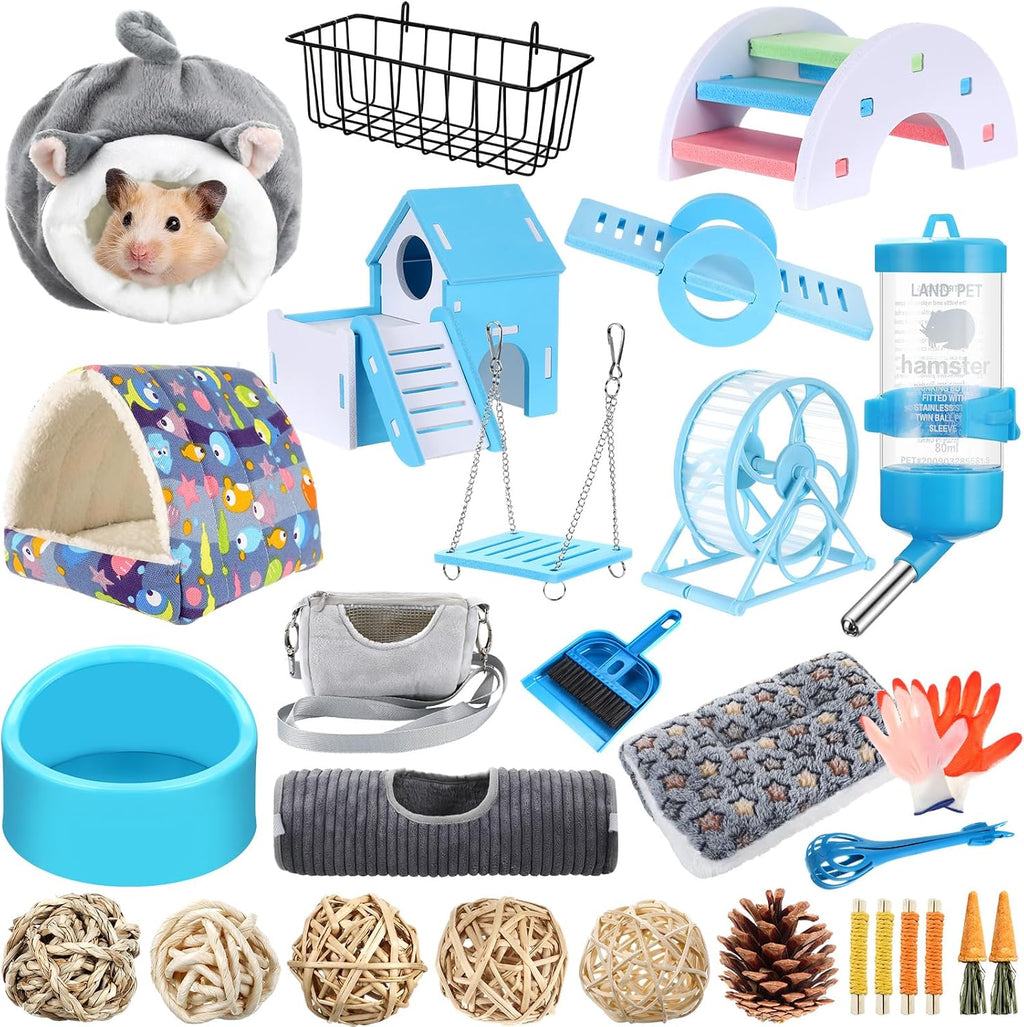 24 Pcs Small Guinea Pig Starter Kit Essentials for Hamster Cage Accessories Toys House Bed Cage Cleaner Food Bowl
