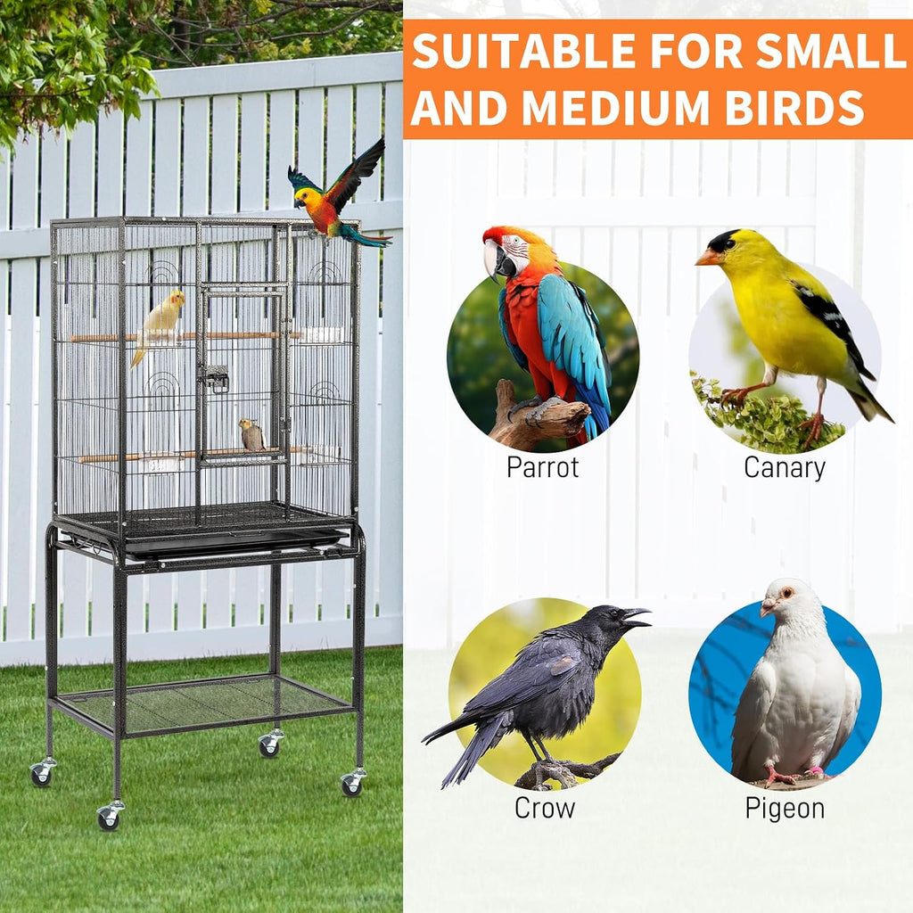 53-inch Bird Cage with Wheels, Durable Wrought Iron Parakeet Cage with Slide Out Tray, Black Bird Cages for