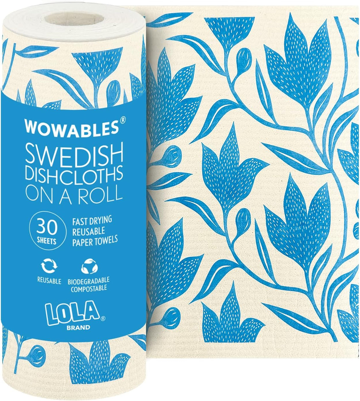 Swedish Dishcloths XL on a Roll, 30 Sheets, Floral Pattern, Perforated Tear-Off 11" x 10" Sheets w/Hook, Reusable