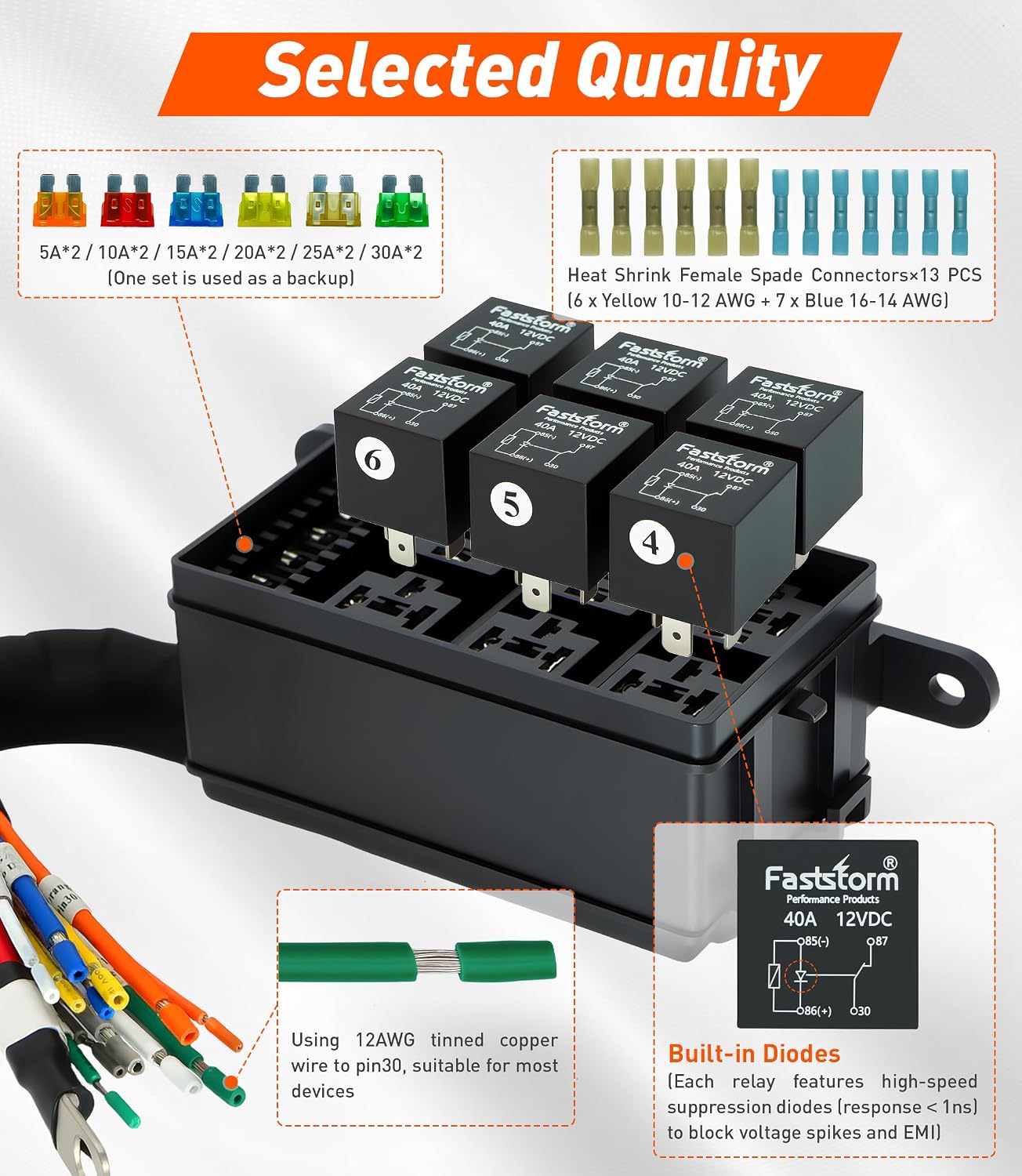 Fuse Relay Box, Relay Block Box Built-in Diodes 6 Way 12 AWG Pre-Wired Waterproof Relay Panel with Relays and