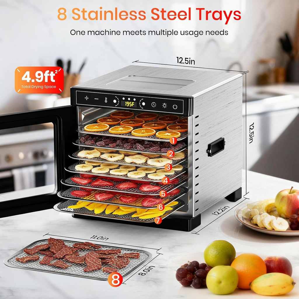 8-Tray Food Dehydrator, 400W, Stainless Steel, 195°F & 24H Time Control
