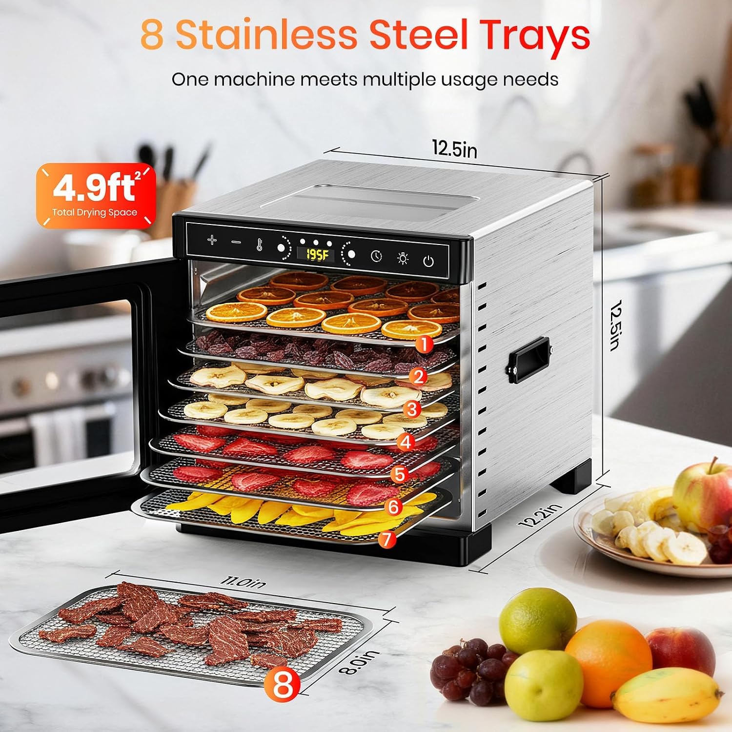 8-Tray Food Dehydrator, 400W, Stainless Steel, 195°F & 24H Time Control
