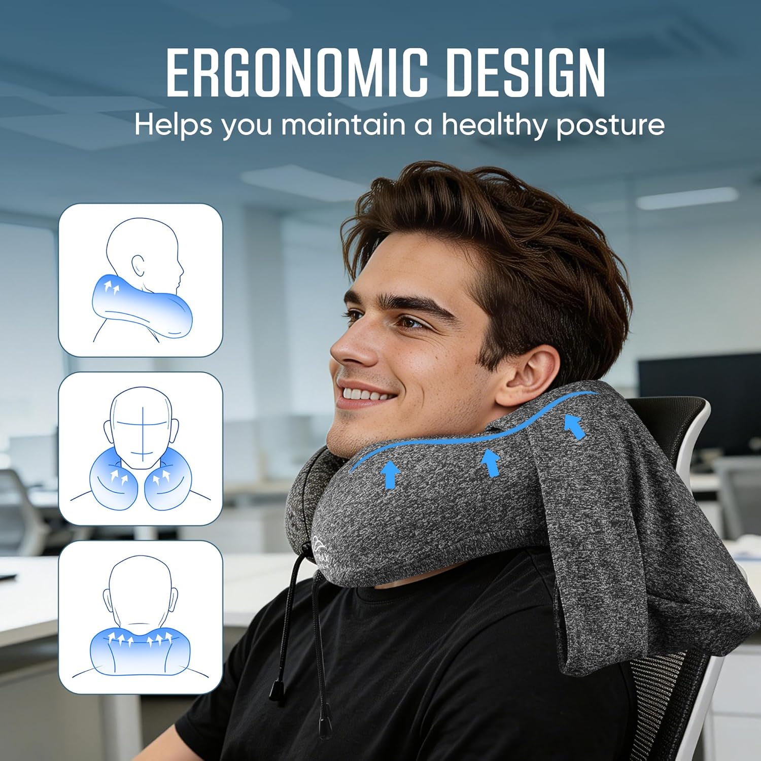 SkytraxComf Travel Neck Pillow with Hood for Privacy on Long Flights | Memory Foam | Airplane Sleep | Safety-Tested