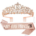Princess Crown and Birthday Sash Set - Tiara for Women, Girls Birthday Decorations and Gifts - Rose Gold