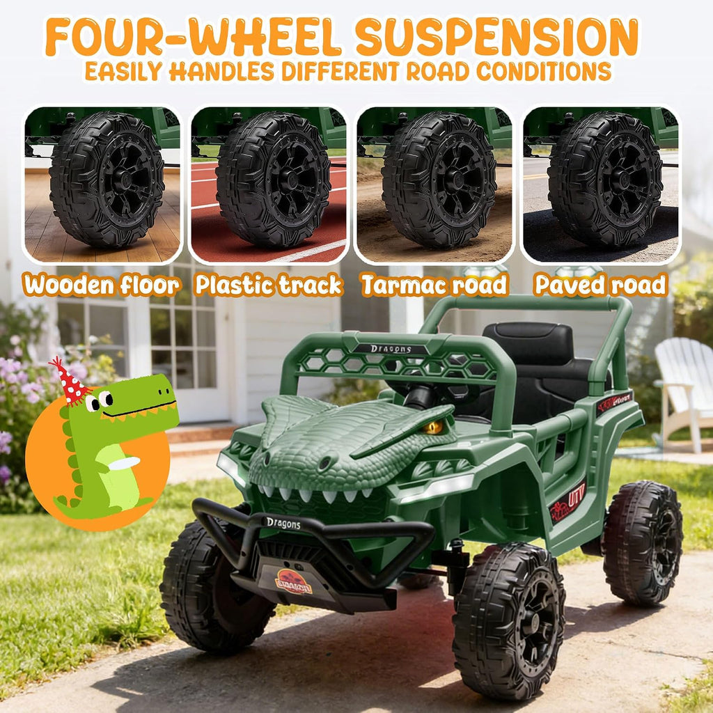 12V Dinosaur Ride On UTV, Kids Electric Vehicle with Parent Control, 3 Speeds,6 LED Lights, Shock