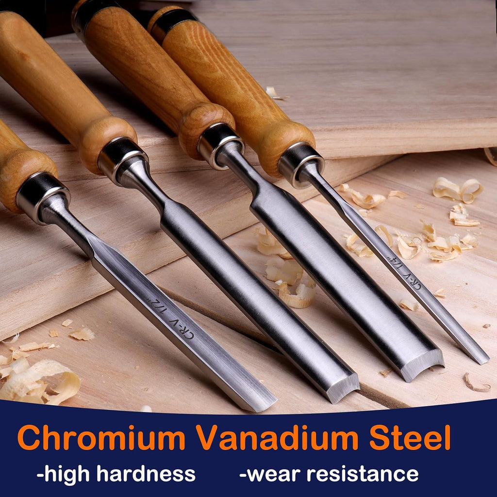 4-Pieces Woodworking Wood Chisel Set,CR-V Steel Sharp Curved Edge Gouge Firm Wood Handle Carpentry Gouge Tools