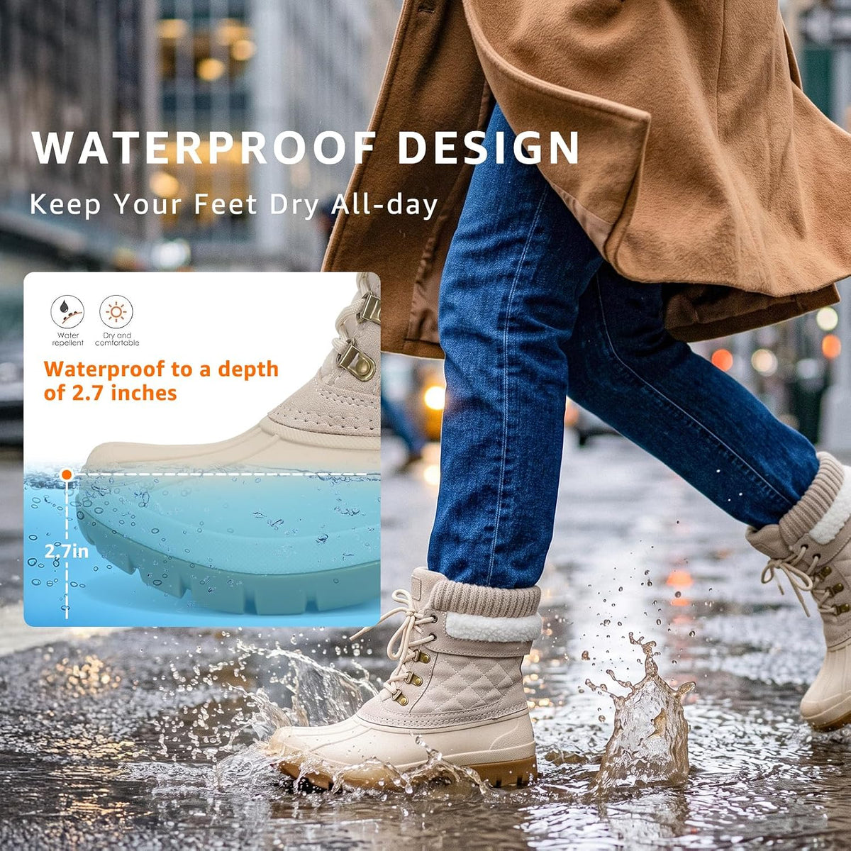 Women's Duck Boots Waterproof Winter Snow Boot | Waterproof TPR shell, Warm fleece lining, lace-up closure, deep lug