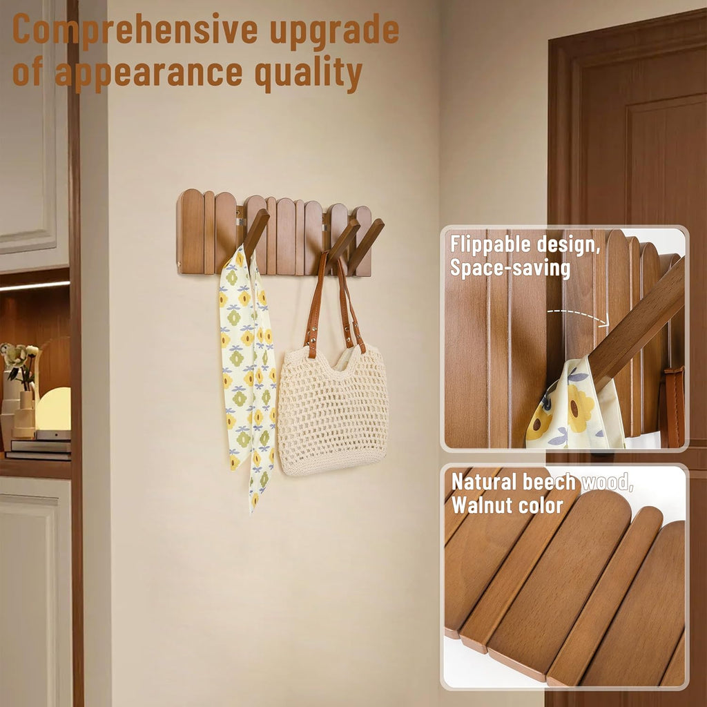 Wall Coat Rack for Entryway: Wooden Modern Heavy Duty 6 Hooks Retractable Wall Mounted for Small Spaces Hallway