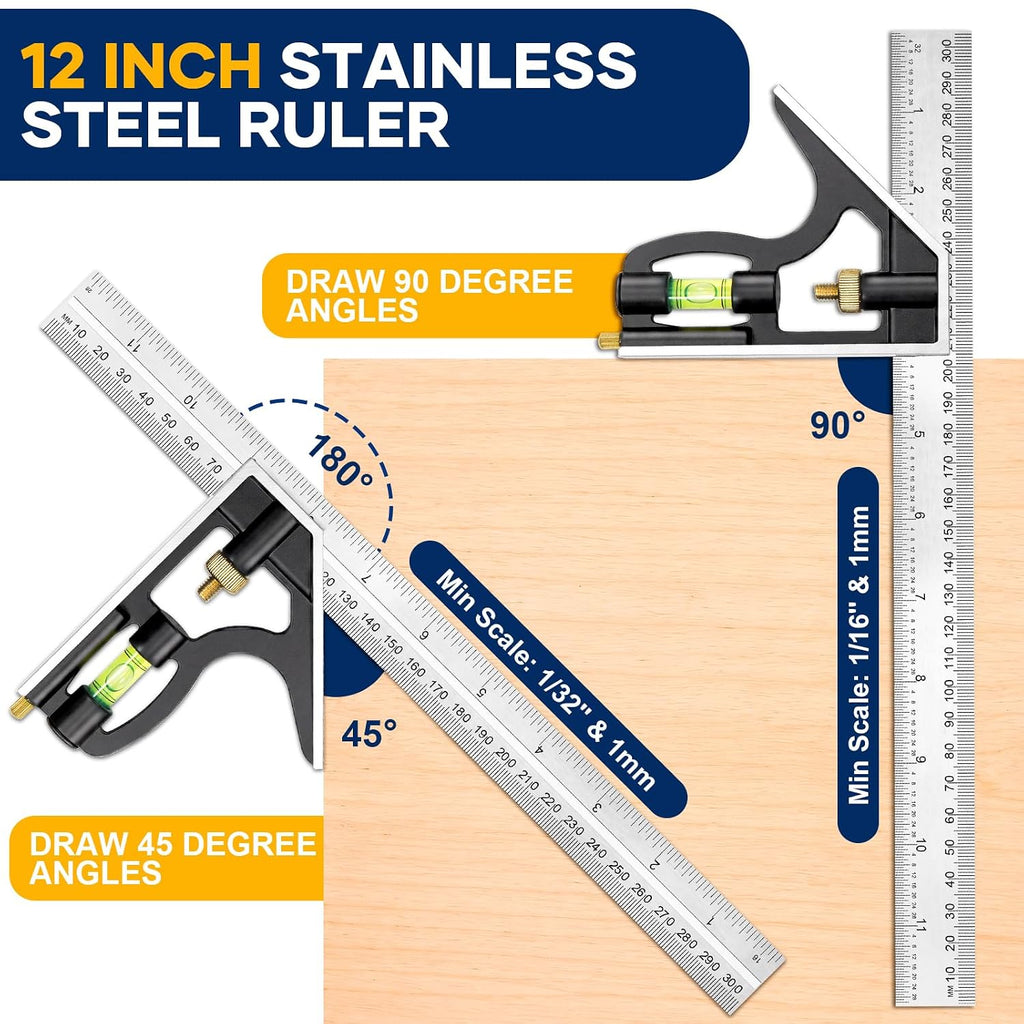 Combination Square 12 Inch and 7 Inch Carpenter Square Tool Set | Aluminum Rafter Square for Framing, Adjustable