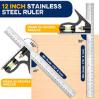Combination Square 12 Inch and 7 Inch Carpenter Square Tool Set | Aluminum Rafter Square for Framing, Adjustable