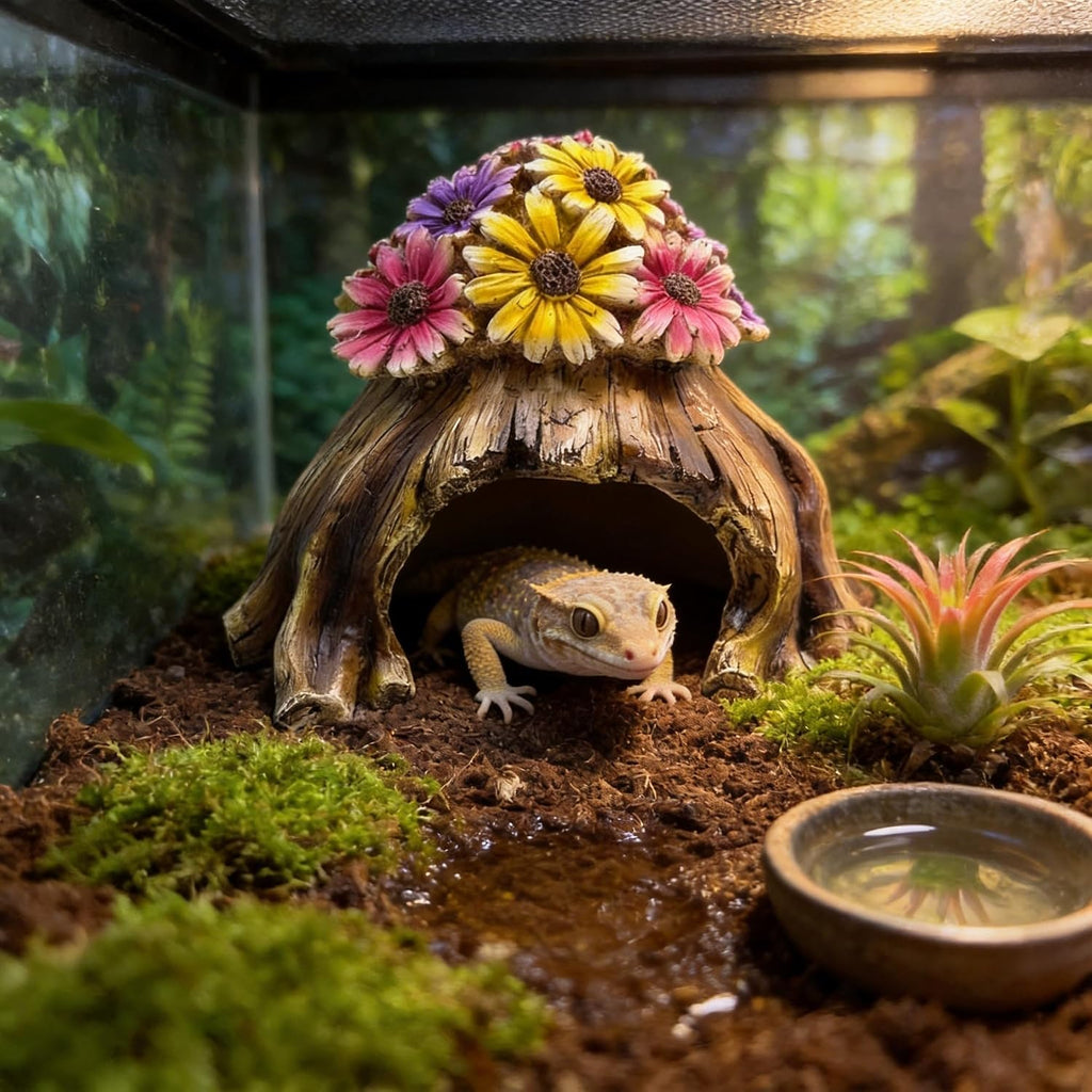 Humid Hide for Leopard Gecko – Resin Reptile Hide with Artificial Flowers, Tree Stump Cave for Crested Gecko Corn