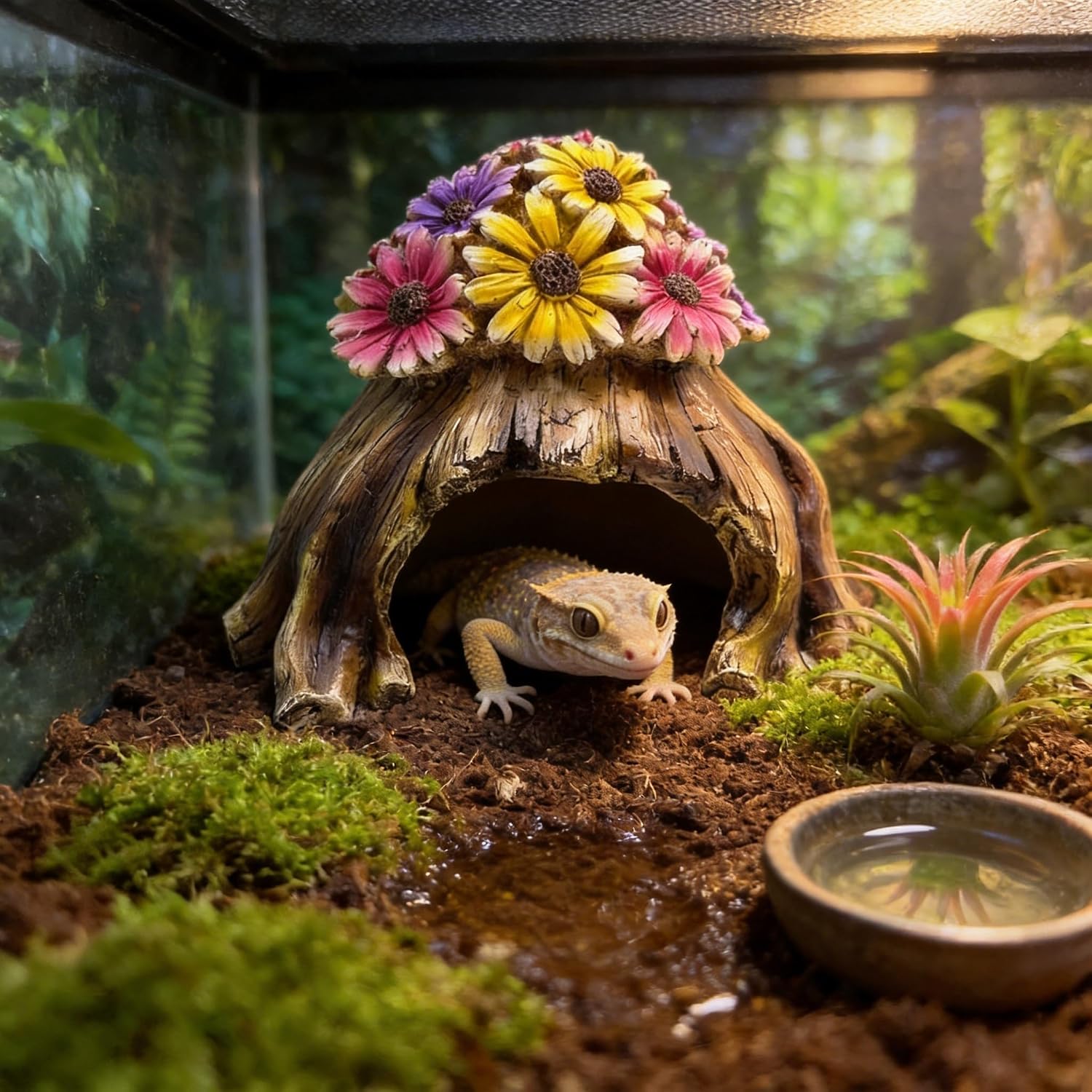 Humid Hide for Leopard Gecko – Resin Reptile Hide with Artificial Flowers, Tree Stump Cave for Crested Gecko Corn