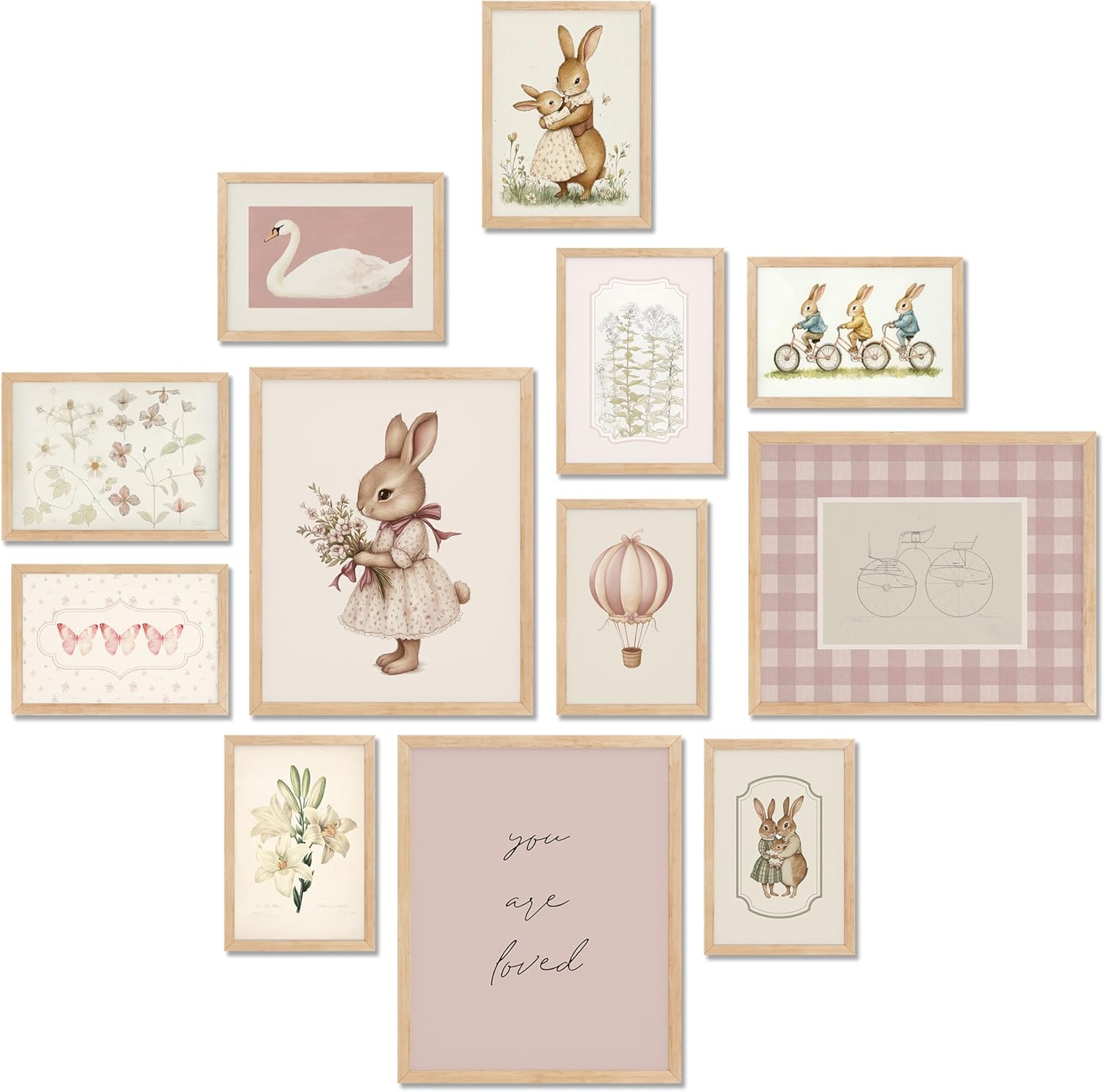 Vintage Nursery Decor for Baby Girls, Pink Rabbit Bunny Wall Art for Toddler Kids Playroom, Swan Animals Posters for