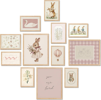 Vintage Nursery Decor for Baby Girls, Pink Rabbit Bunny Wall Art for Toddler Kids Playroom, Swan Animals Posters for