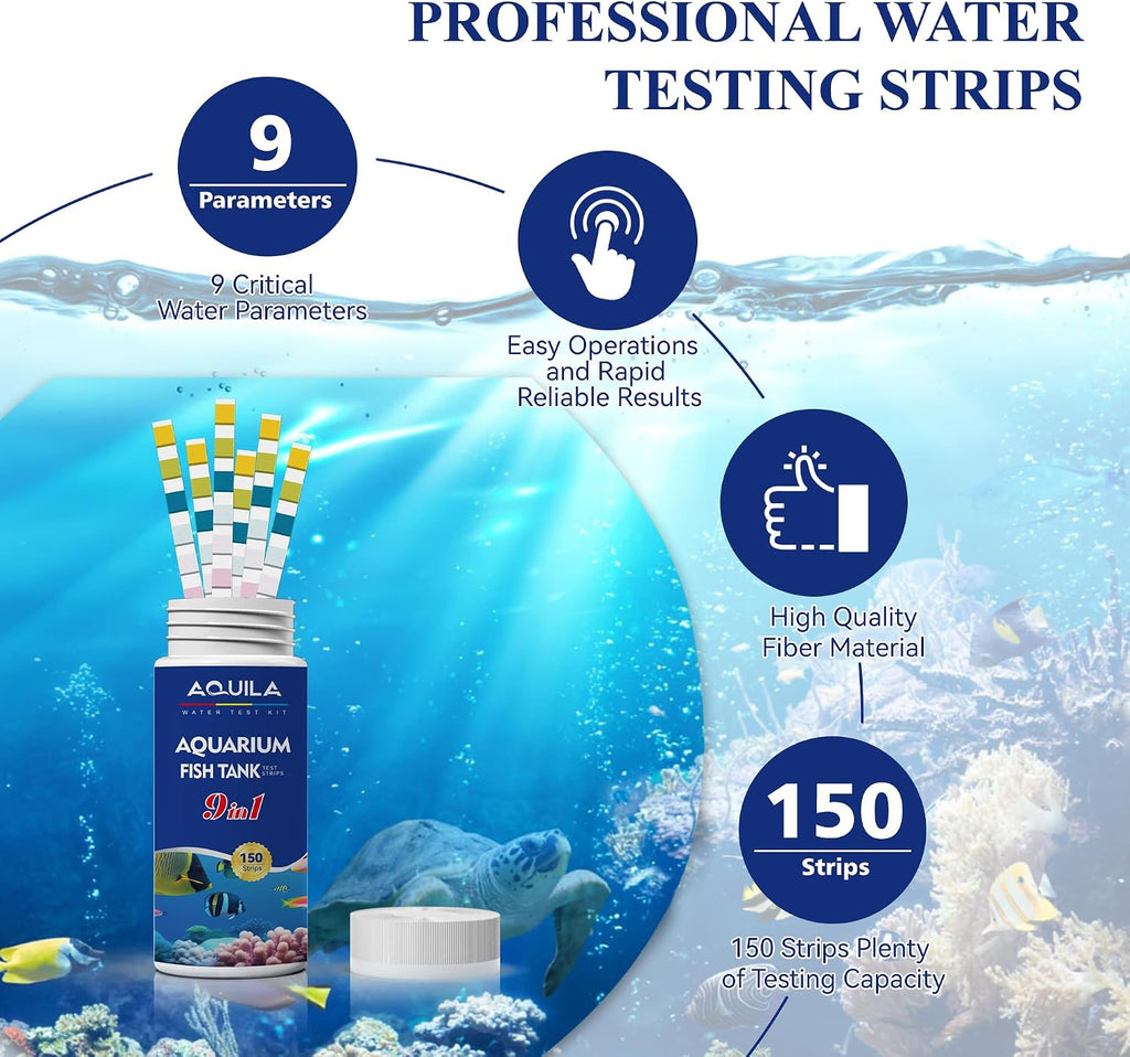 Aquarium Water Test Kit 9-in-1, Aquarium Ammonia Test Strips for Fish Tanks | Fish Ponds, 150CT Fresh and Salt Water