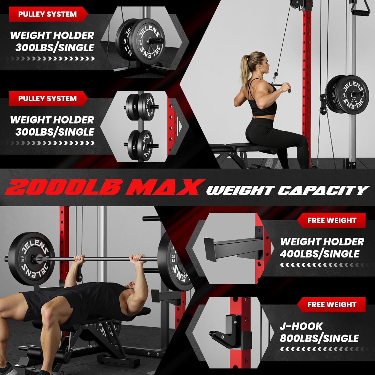 C21 Power Cage, 2000LBS Multi-Function Power Rack with Independent Dual Pulley System, All-in-One Squat Rack for