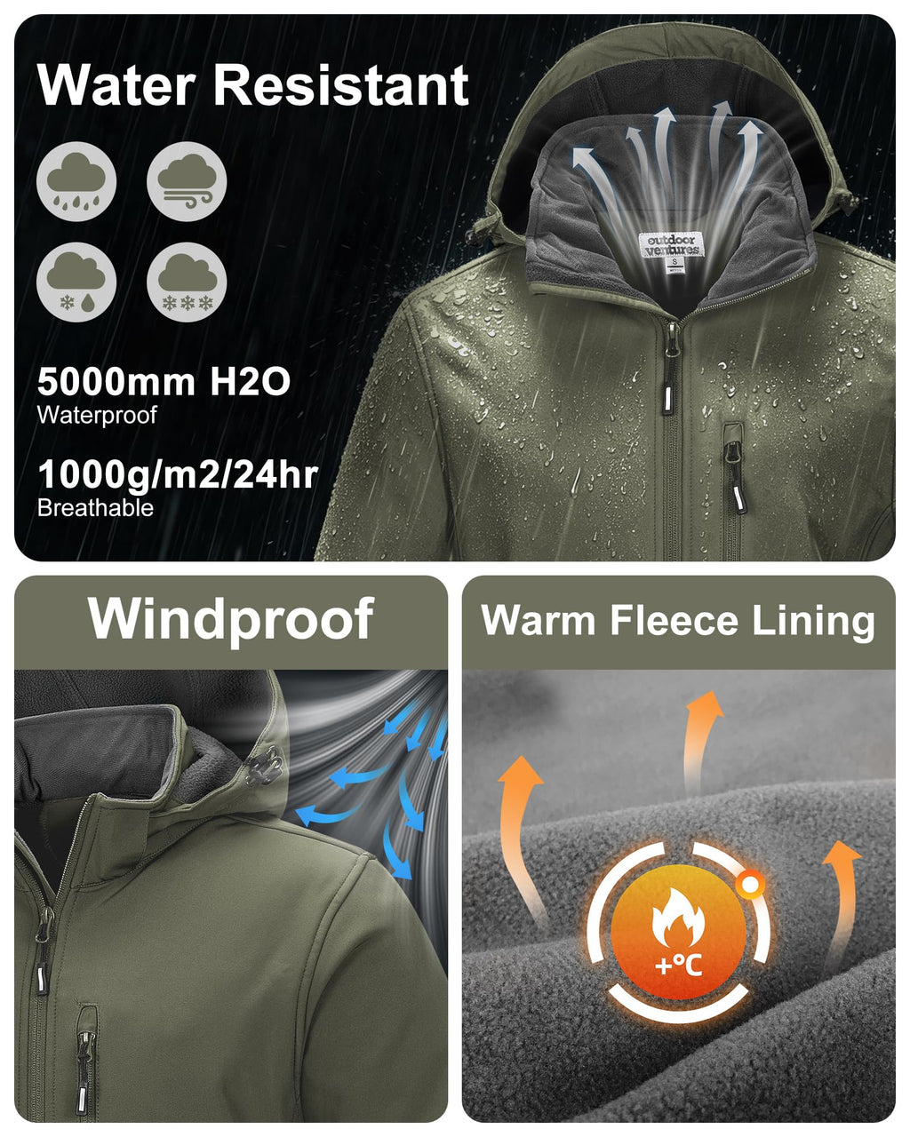 Men's Softshell Jacket Waterproof Fleece Rain Shell Coat