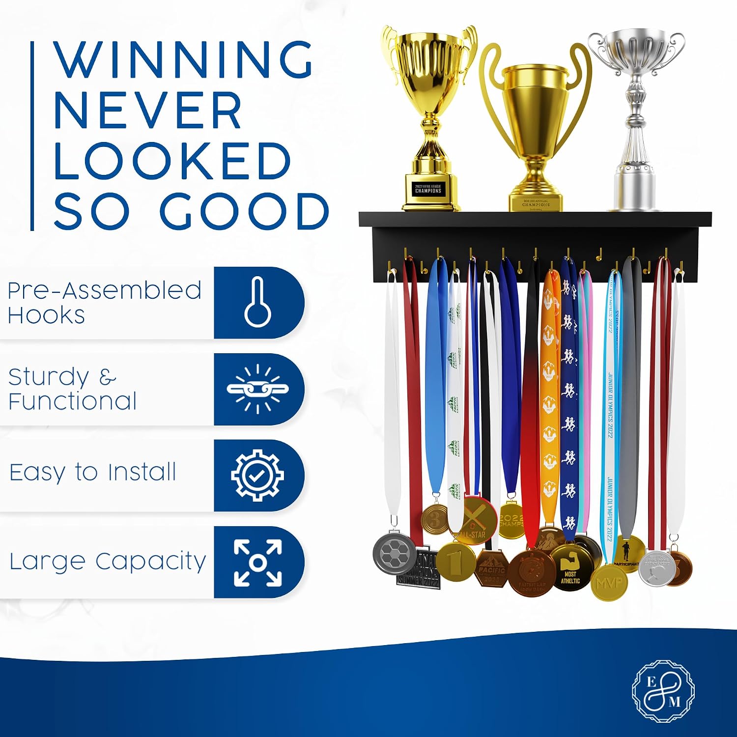 Medal Hanger Display and Trophy Shelf with Hooks - Wooden Medal Holder for Wall Mount Ribbon Display, Trophy Display