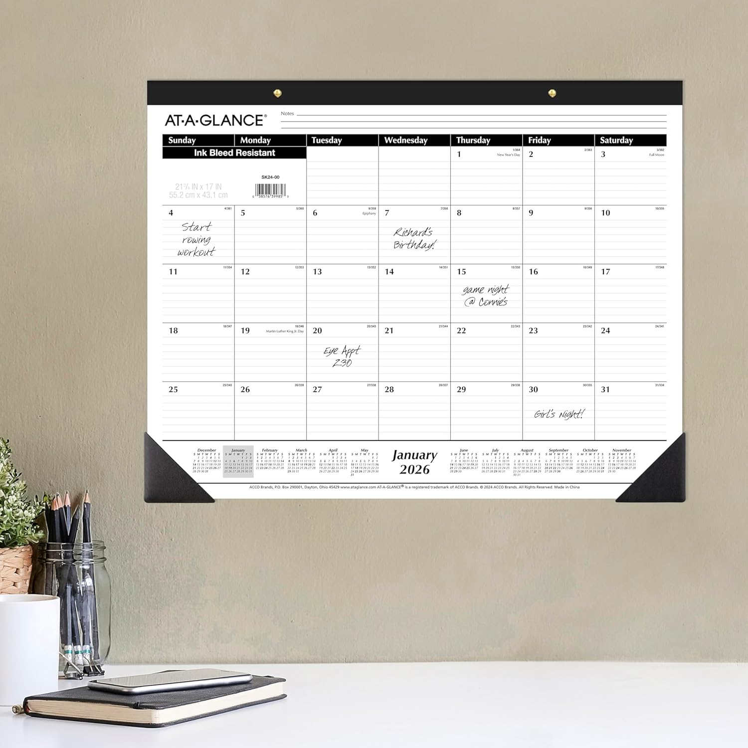 2026 Desk Calendar, Monthly, Desk Pad, 21-3/4" x 17", Large, Ruled Blocks (SK240026), White