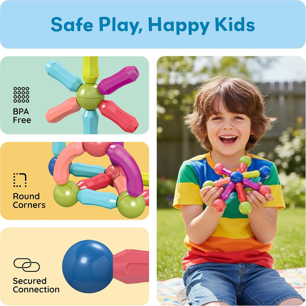 Magnetic Building Stick Block Construction Set with Storage Bin Colorful 3D STEM Toy Blocks Bar Balls & Rods
