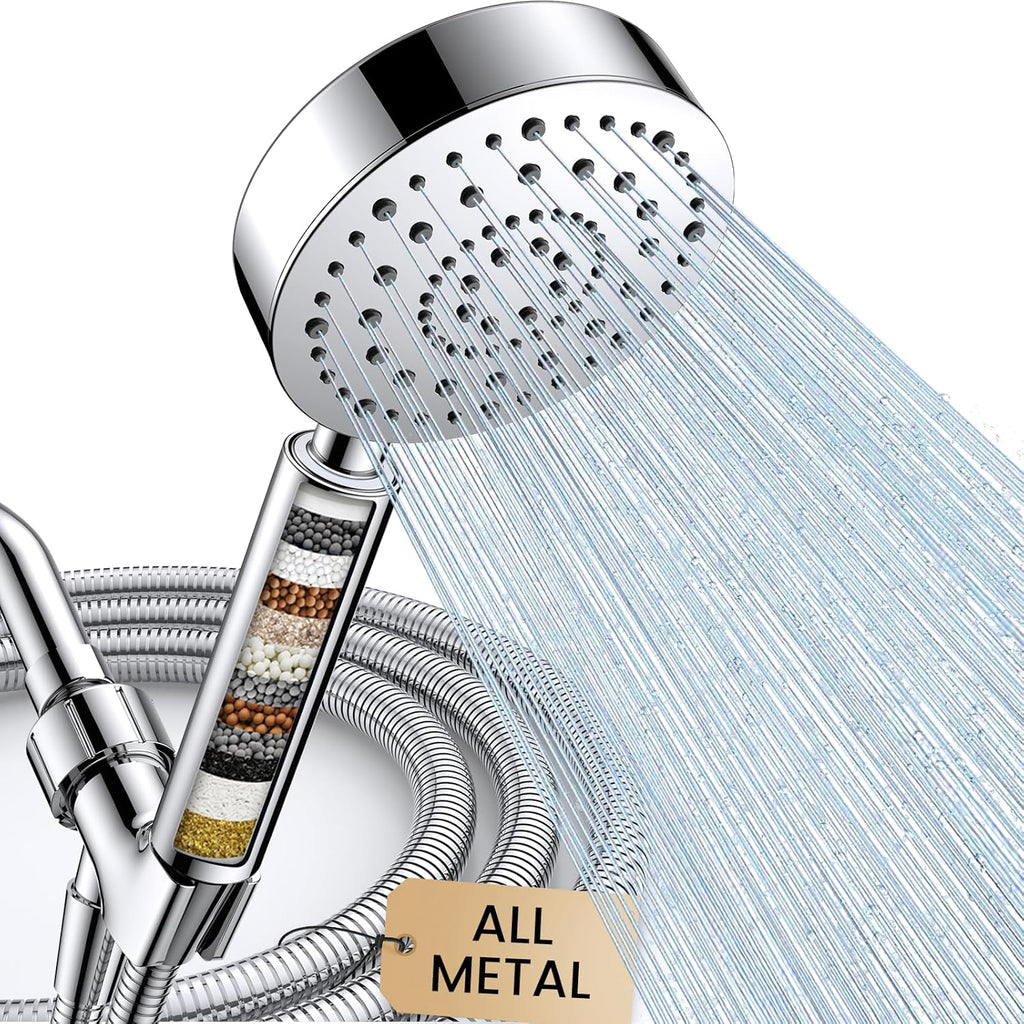 Filtered Shower Head with Handheld, High Pressure Shower Filter Head | ALL METAL, 6 Spray, Anti-clog Nozzles