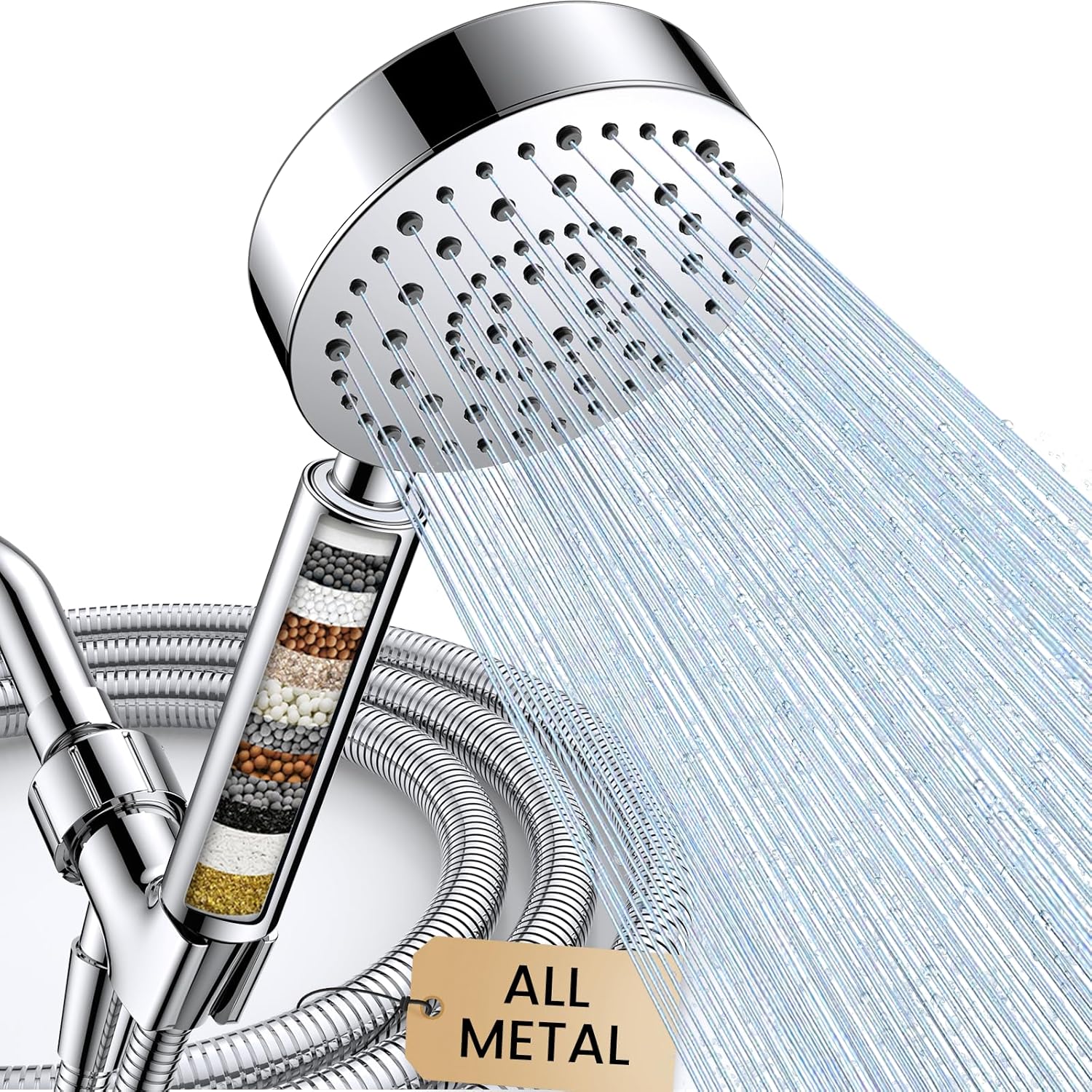 Filtered Shower Head with Handheld, High Pressure Shower Filter Head | ALL METAL, 6 Spray, Anti-clog Nozzles