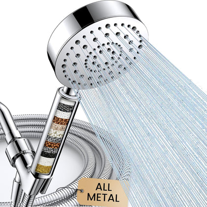 Filtered Shower Head with Handheld, High Pressure Shower Filter Head | ALL METAL, 6 Spray, Anti-clog Nozzles