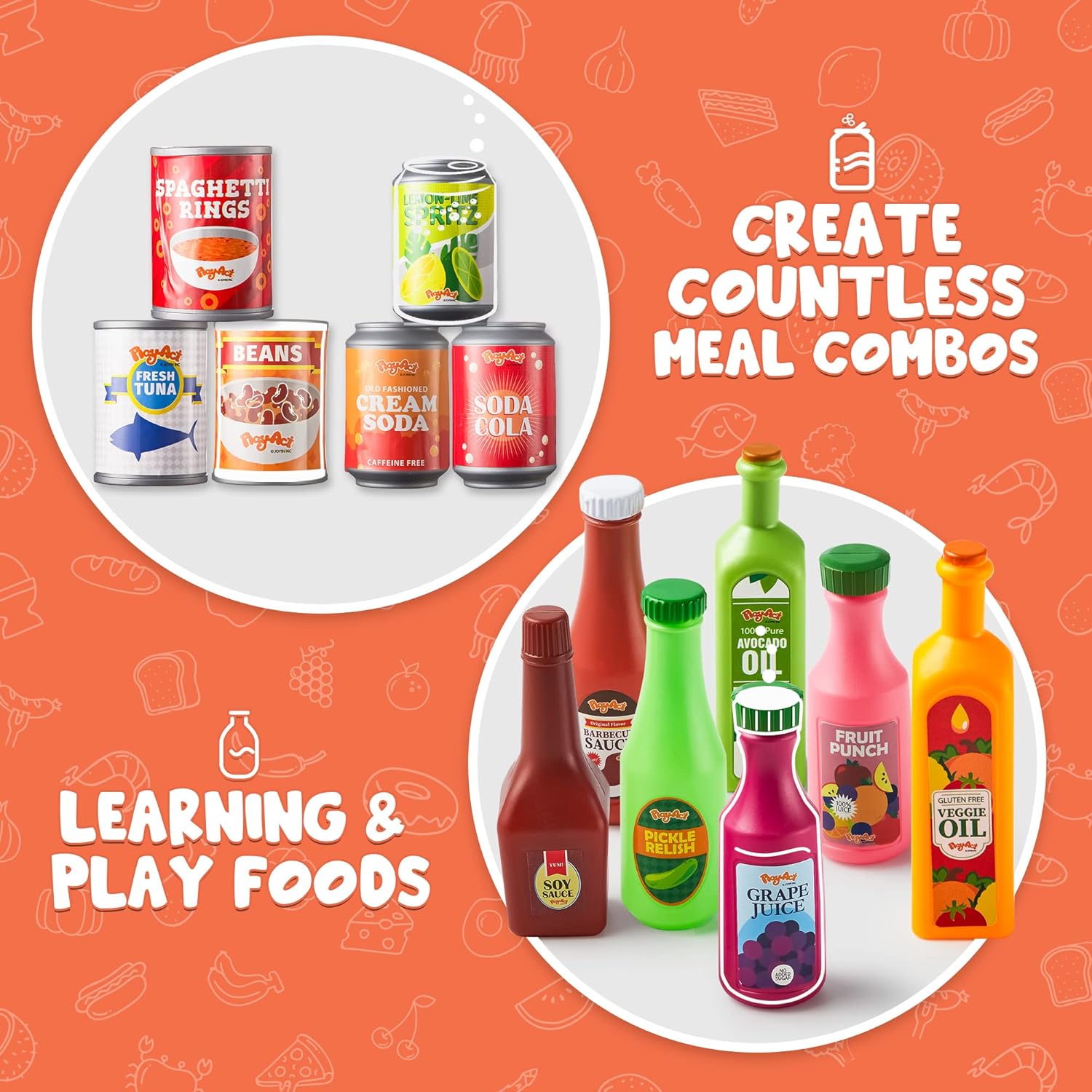 30Pcs Play Food Grocery Cans, Play Kitchen Accessories, Includes Drink, Juice, Jar, Seasoning, Water Bottle, Sauce