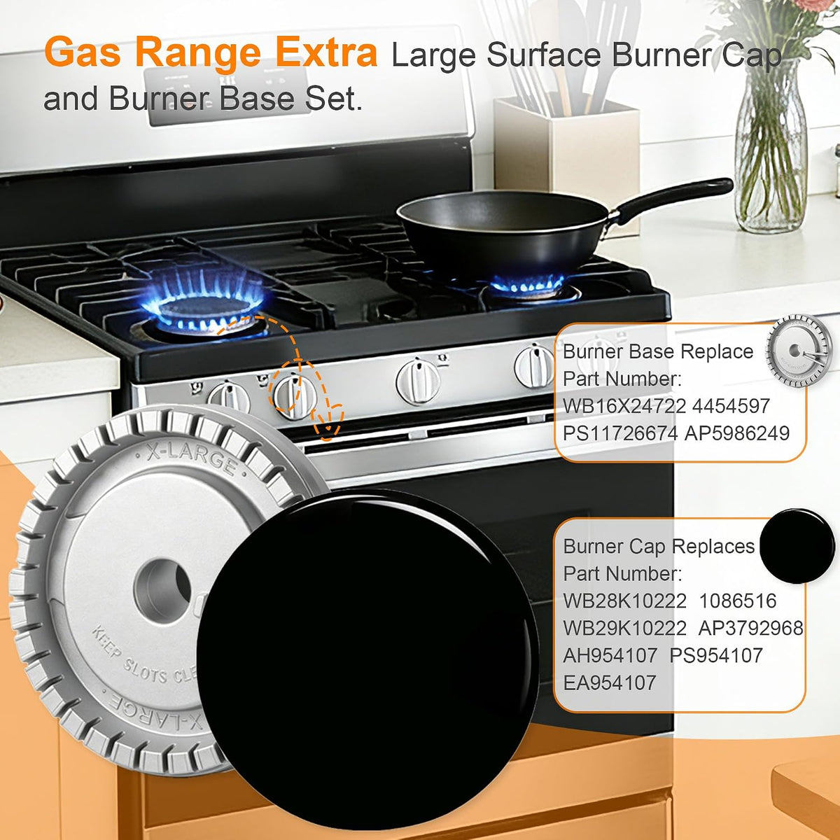 Upgraded Extra Large Surface Burner Cap & Burner Base Set Compatible with GE and Haier Gas Range/Cooktop,Replaces WB28K10222 WB16X24722 AP5986249 PS11726674 - Reliable and Precise Replacement Parts