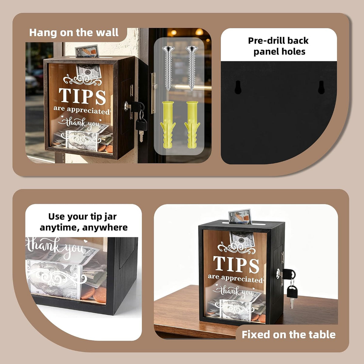 Wooden Tip Box with Lock & Slot - Secure Donation & Tips Jar for Business, Street Performers, Cafe, Hotel - Vendor