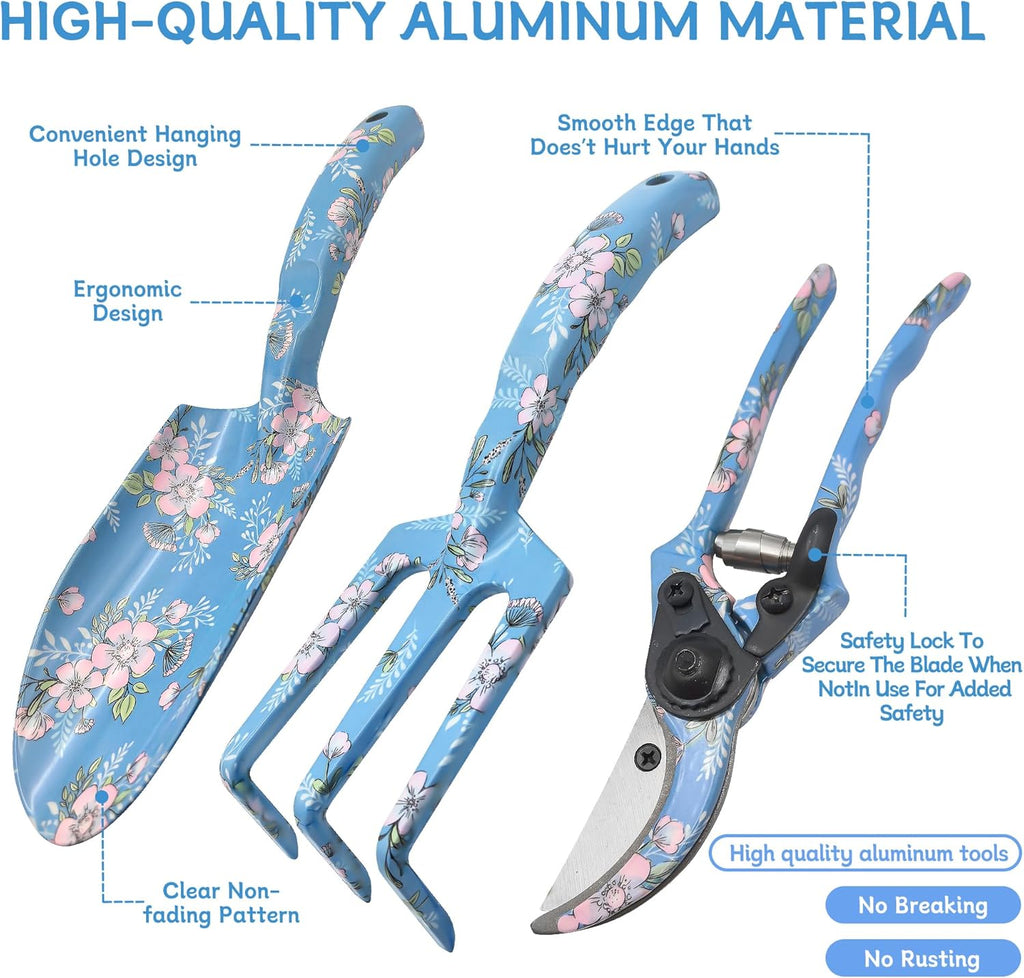 Garden Tool Set, 3 Piece Floral Gardening Tools for Women, Aluminum Gardening Hand Tools with Trowel, Hand Rake &