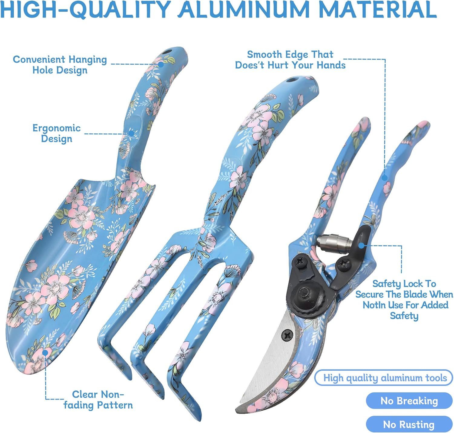 Garden Tool Set, 3 Piece Floral Gardening Tools for Women, Aluminum Gardening Hand Tools with Trowel, Hand Rake &
