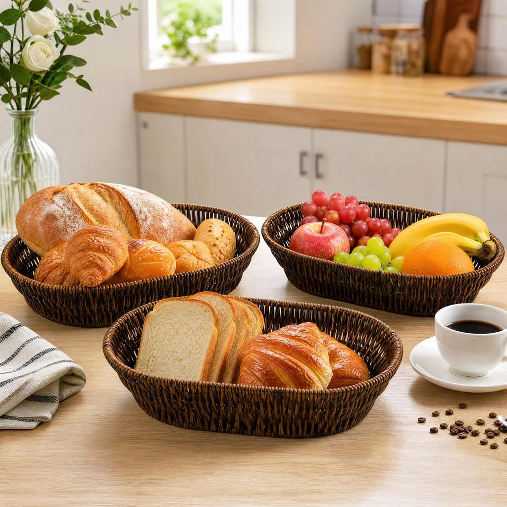 3 Pack Wicker Bread Basket, 11 Inch Food Serving Tray