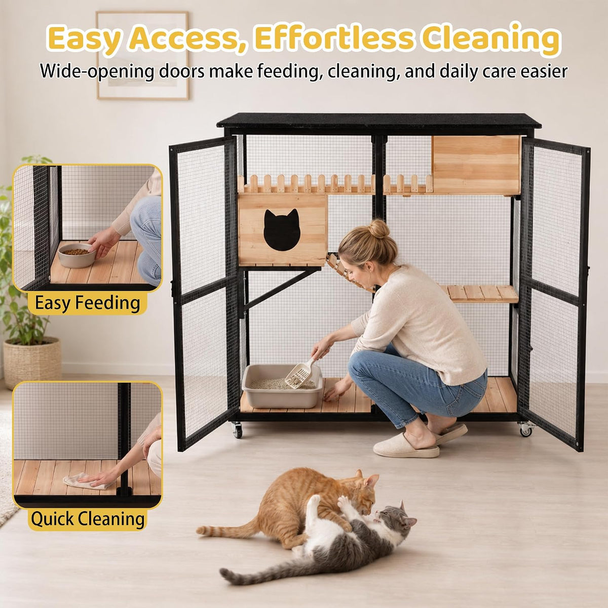 Cat Catio Outdoor Cat Enclosure, Multi-Level Wooden Cat House with Wheels