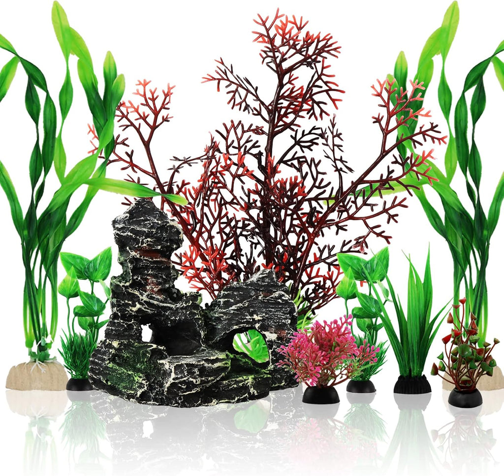Fish Tank Decorations Plants with Resin Cave Rock View, 9pcs Aquarium Decorations Plants Plastic,Fish Tank