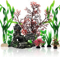 Fish Tank Decorations Plants with Resin Cave Rock View, 9pcs Aquarium Decorations Plants Plastic,Fish Tank