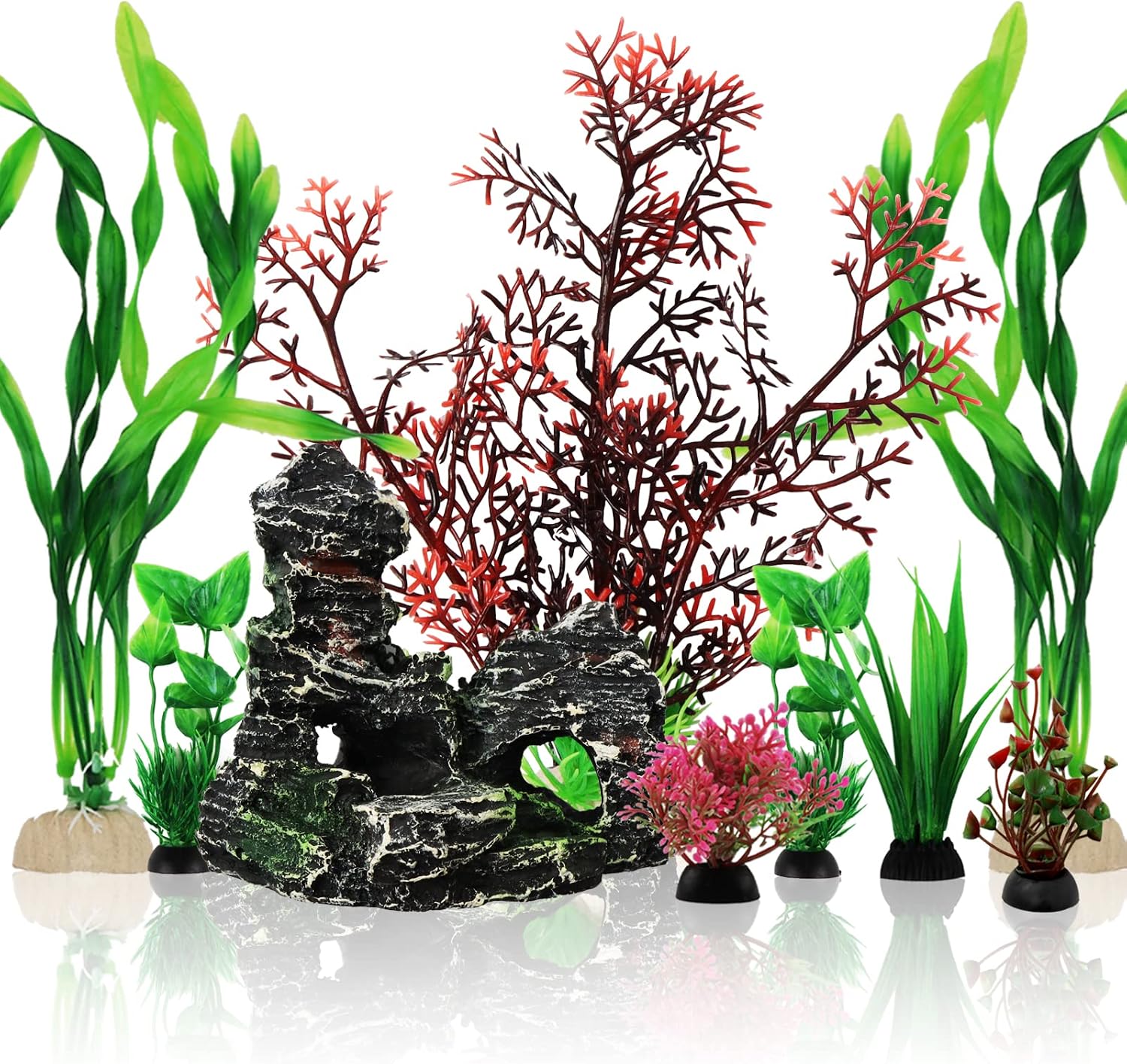 Fish Tank Decorations Plants with Resin Cave Rock View, 9pcs Aquarium Decorations Plants Plastic,Fish Tank