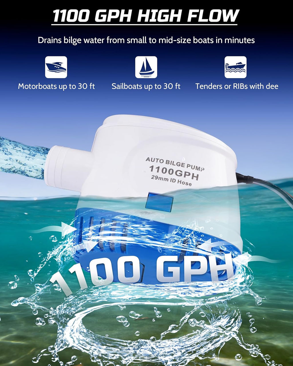 12V Automatic Boat Bilge Pump Kit, 1100GPH DC Marine Pump w/Float Switch