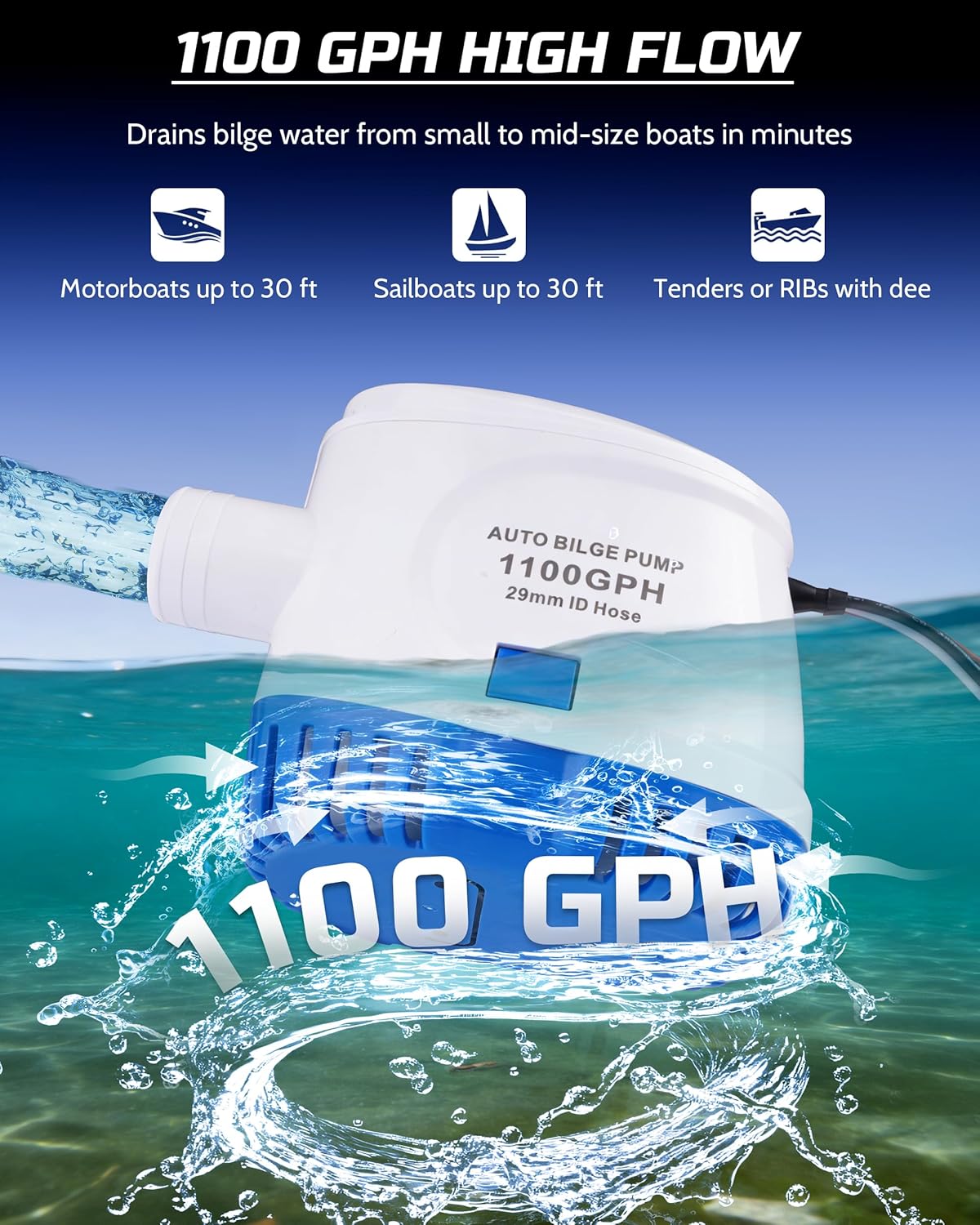 12V Automatic Boat Bilge Pump Kit, 1100GPH DC Marine Pump w/Float Switch