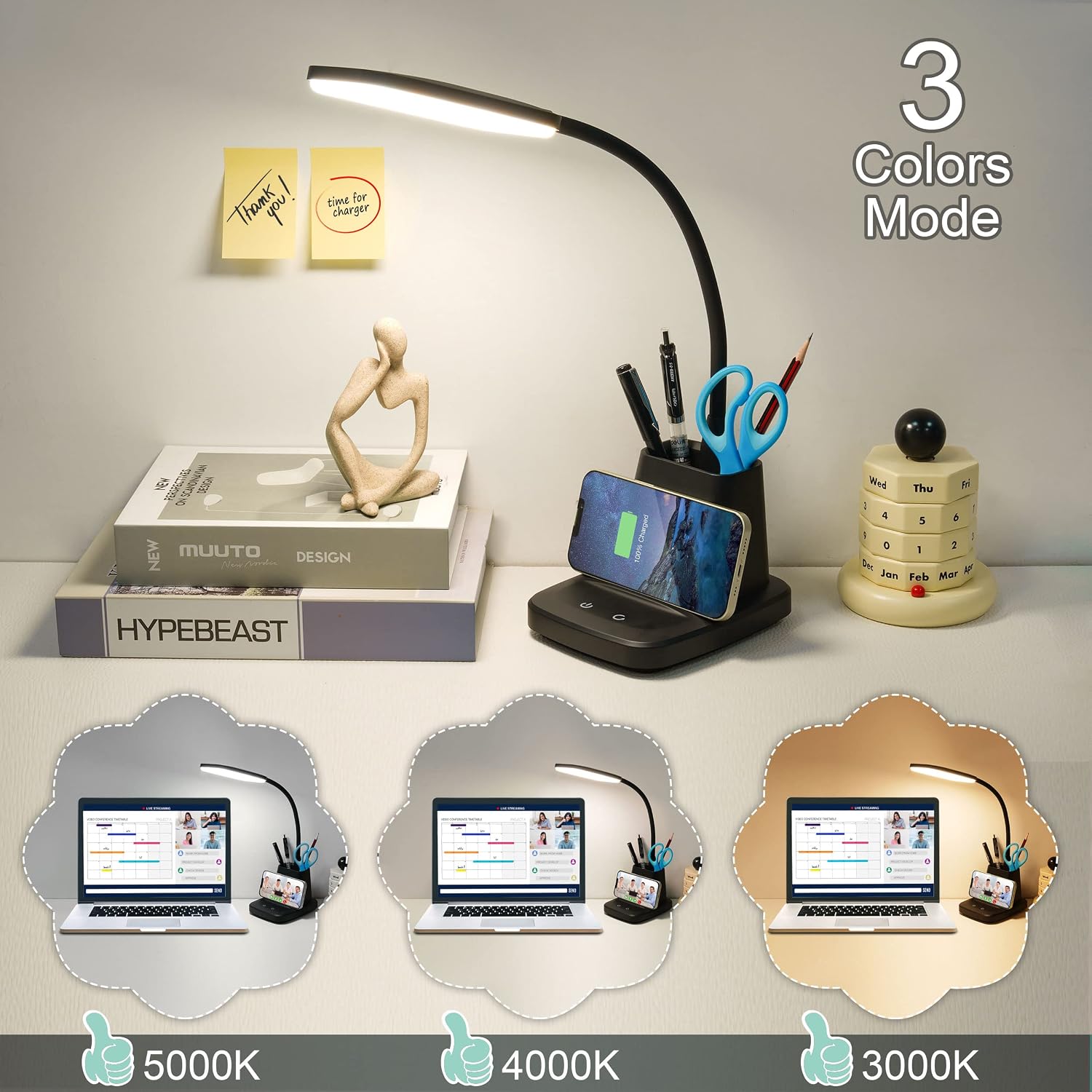 LED Desk Lamp with 10W Wireless Charging & Pen Holder, Black | CRI 95, 800LM, Stepless Dimming, 3 Modes, 360°Flexible