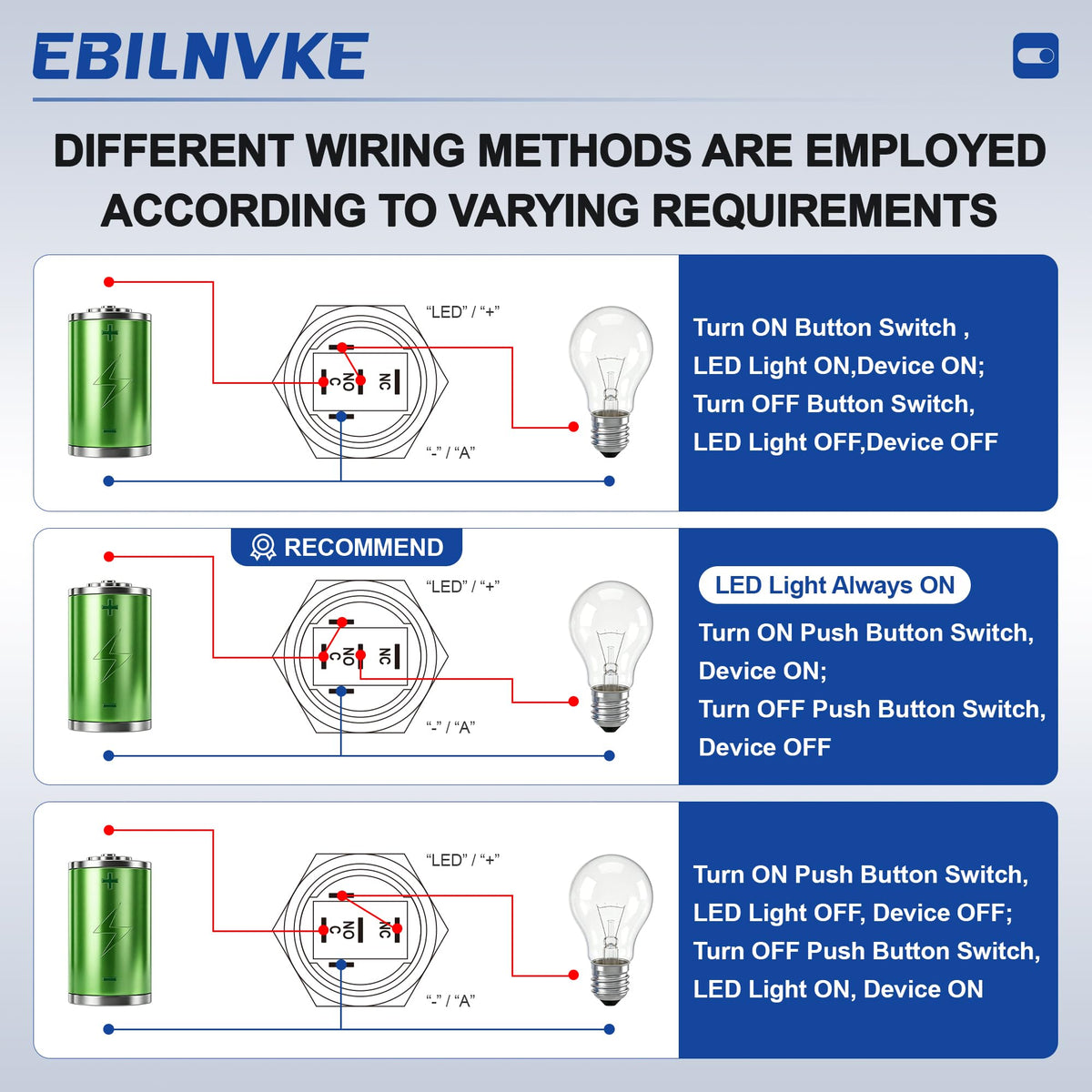 EBILNVKE 16mm Latching Push Button Switch 5A 12V Power Symbol LED Ring SPDT