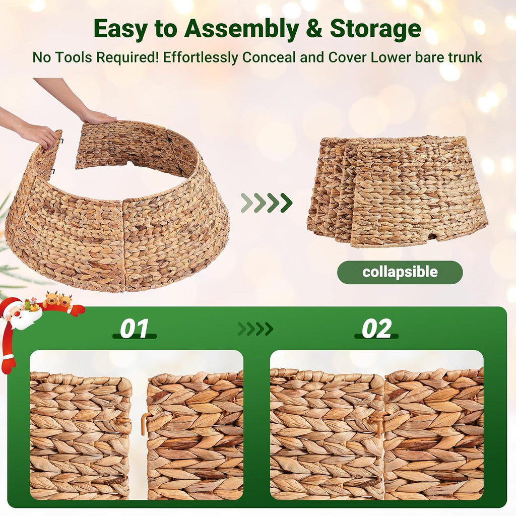 28-Inch Woven Rattan Christmas Tree Collar, Stylish Hyacinth 5-Piece Tree Skirt for Artificial Trees, Wicker Tree