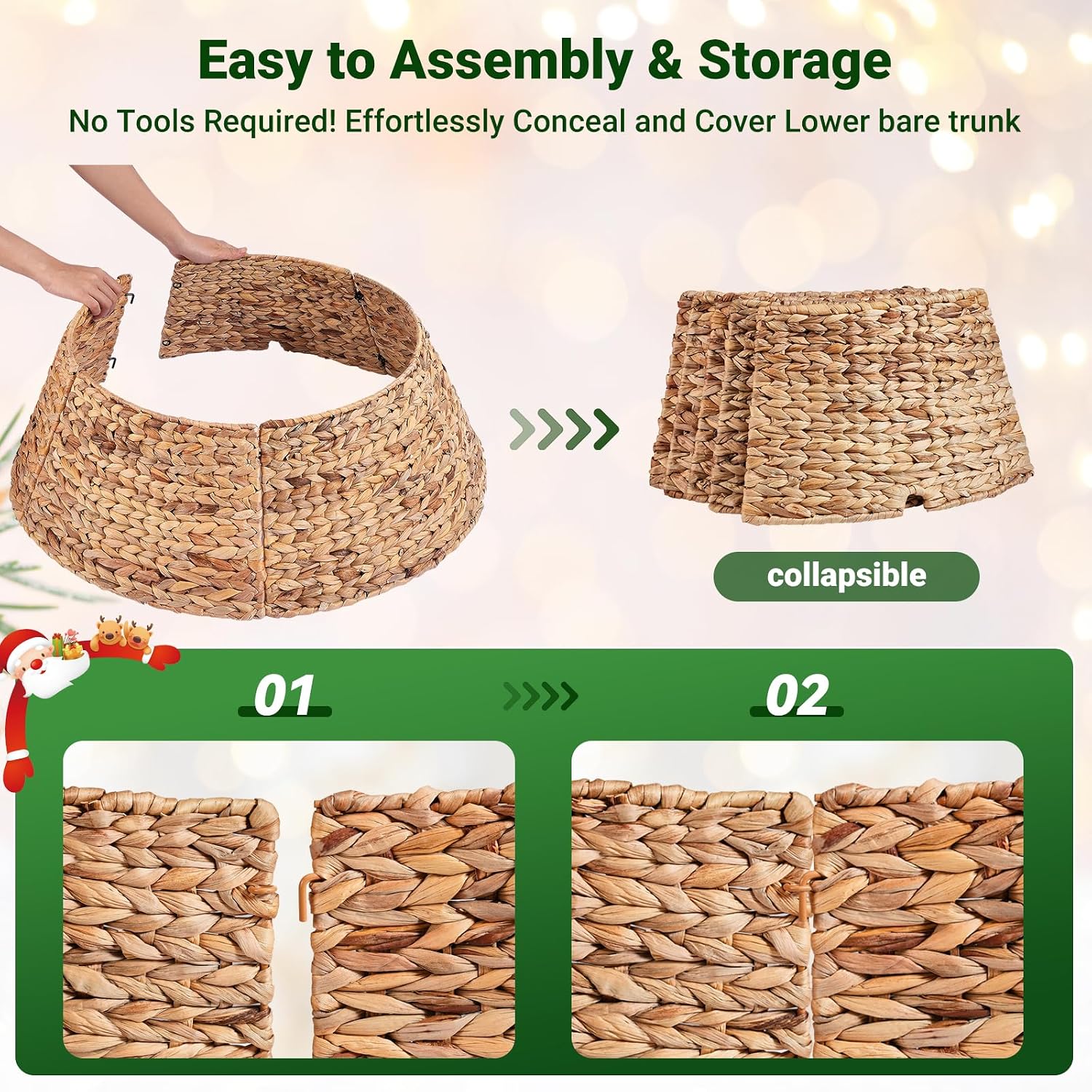28-Inch Woven Rattan Christmas Tree Collar, Stylish Hyacinth 5-Piece Tree Skirt for Artificial Trees, Wicker Tree