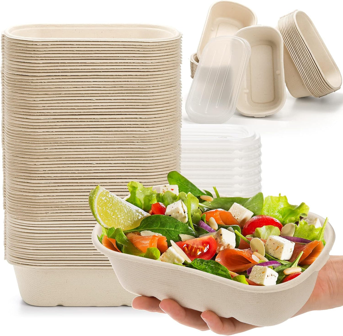 70 Pack Compostable Take Out Food Containers with PP Lid, 23 Oz Bagasse to Go Containers Rectangular Disposable Paper