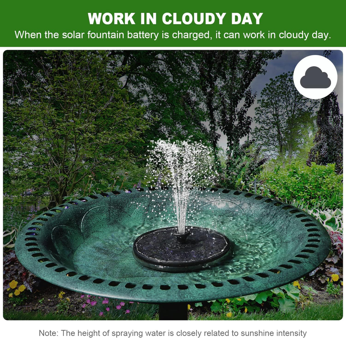 Solar Fountain with 2000 mAh Battery Backup Works in Cloudy, Glass Solar Powered Bird Bath Fountains with 7 Nozzles